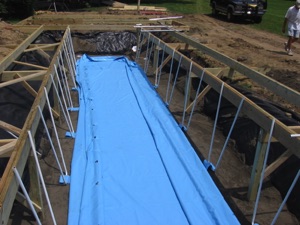 Pool layer out in the space ready to be erected